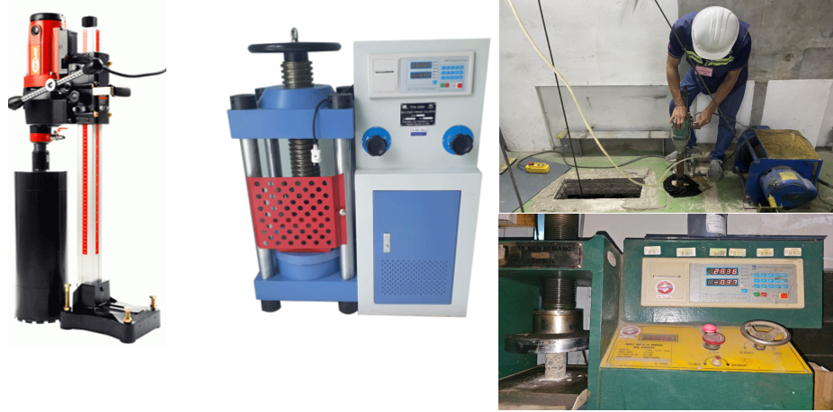 Máy móc thiết bị phục vụ kiểm định chất lượng công trình – Phương pháp xác định cường độ bê tông bằng khoan rút lõi tại công trình và nén tại phòng thí nghiệm